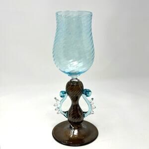 Murano Style Goblet Art Glass Signed Venetian Blue Amber Brown Hand Blown